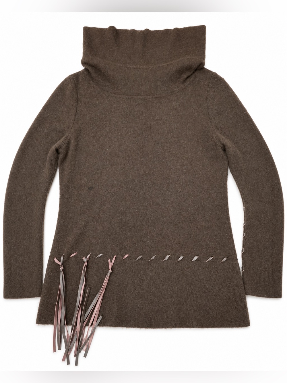 Essendi Brown Turtleneck Sweater Size 2 Suede Ribbon Western Boho